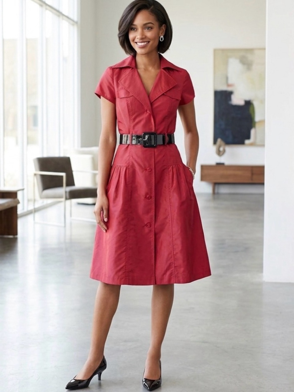 Rickie Freeman Teri Jon ,Red Button-Front Shirt Dress with Black Belt
